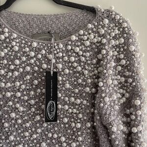 Elegant Gray Pearl-Embellished Midi Dress